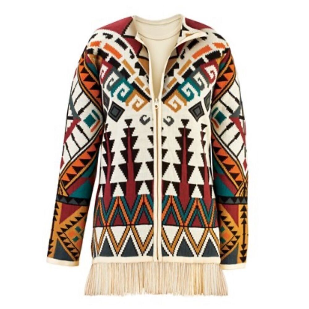 Collections Etc Women’s Large Cardigan Sweater Southwestern Zip Front Fringe Hem